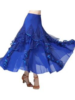 Ballroom Dance Costumes Black Milk Silk Sequins Ruffles Long Skirt Ballroom Dancer Dance Dress