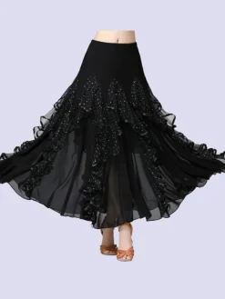 Ballroom Dance Costumes Black Milk Silk Sequins Ruffles Long Skirt Ballroom Dancer Dance Dress