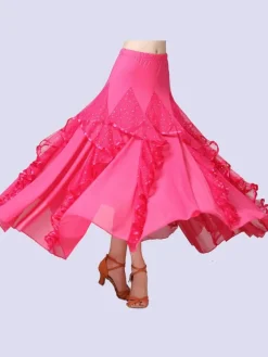 Ballroom Dance Costumes Black Milk Silk Sequins Ruffles Long Skirt Ballroom Dancer Dance Dress