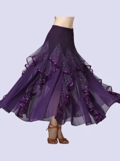 Ballroom Dance Costumes Black Milk Silk Sequins Ruffles Long Skirt Ballroom Dancer Dance Dress