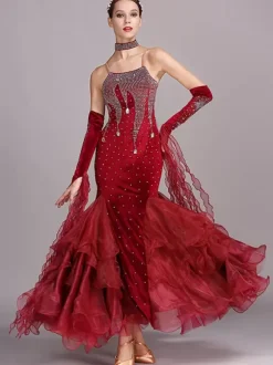 Ballroom Dance Costumes Burgundy Women's Sexy Straps Neck Polyester Dress Lace Rhinestones Dancing Wear