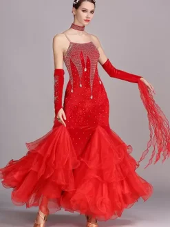 Ballroom Dance Costumes Burgundy Women's Sexy Straps Neck Polyester Dress Lace Rhinestones Dancing Wear