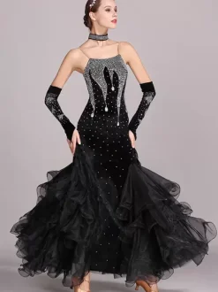 Ballroom Dance Costumes Burgundy Women's Sexy Straps Neck Polyester Dress Lace Rhinestones Dancing Wear