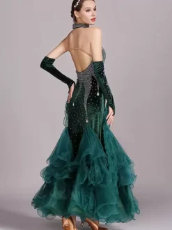 Ballroom Dance Costumes Burgundy Women's Sexy Straps Neck Polyester Dress Lace Rhinestones Dancing Wear