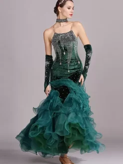 Ballroom Dance Costumes Burgundy Women's Sexy Straps Neck Polyester Dress Lace Rhinestones Dancing Wear