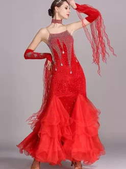 Ballroom Dance Costumes Burgundy Women's Sexy Straps Neck Polyester Dress Lace Rhinestones Dancing Wear