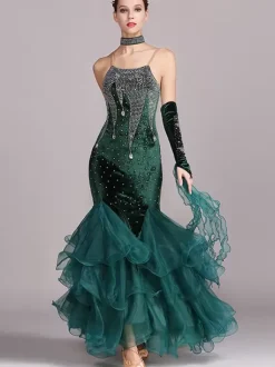 Ballroom Dance Costumes Burgundy Women's Sexy Straps Neck Polyester Dress Lace Rhinestones Dancing Wear