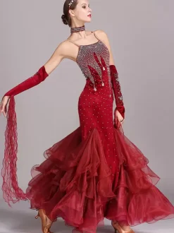 Ballroom Dance Costumes Burgundy Women's Sexy Straps Neck Polyester Dress Lace Rhinestones Dancing Wear