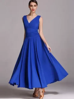 Ballroom Dance Costumes Black Women's Elegant V-Neck Polyester Dress Pleated Layered Dance Dress