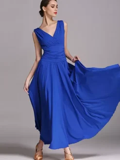 Ballroom Dance Costumes Black Women's Elegant V-Neck Polyester Dress Pleated Layered Dance Dress