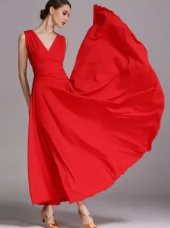 Ballroom Dance Costumes Black Women's Elegant V-Neck Polyester Dress Pleated Layered Dance Dress