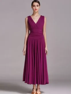 Ballroom Dance Costumes Black Women's Elegant V-Neck Polyester Dress Pleated Layered Dance Dress
