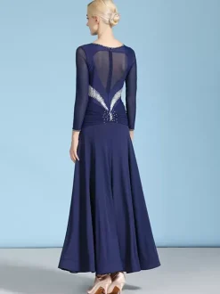 Ballroom Dance Costumes Dark Navy Women's Sexy Jewel Neck Polyester Dress Rhinestones Layered Dance Wear