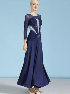 Ballroom Dance Costumes Dark Navy Women's Sexy Jewel Neck Polyester Dress Rhinestones Layered Dance Wear