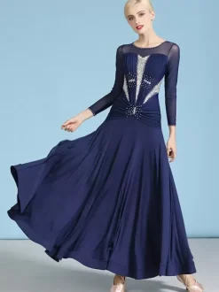 Ballroom Dance Costumes Dark Navy Women's Sexy Jewel Neck Polyester Dress Rhinestones Layered Dance Wear