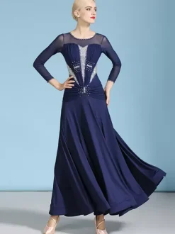 Ballroom Dance Costumes Dark Navy Women's Sexy Jewel Neck Polyester Dress Rhinestones Layered Dance Wear