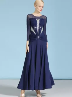Ballroom Dance Costumes Dark Navy Women's Sexy Jewel Neck Polyester Dress Rhinestones Layered Dance Wear