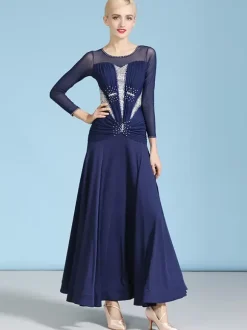 Ballroom Dance Costumes Dark Navy Women's Sexy Jewel Neck Polyester Dress Rhinestones Layered Dance Wear