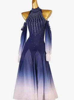 Ballroom Dance Costumes Deep Blue Women's Elegant Lycra Spandex Tunic Dress Backless Dancing Wear