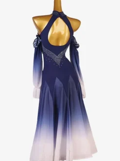 Ballroom Dance Costumes Deep Blue Women's Elegant Lycra Spandex Tunic Dress Backless Dancing Wear