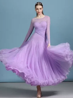 Ballroom Dance Costumes Dark Navy Women's Elegant Transparente Jewel Neck Polyester Dress Sequins Ruffles Layered Dance Dress