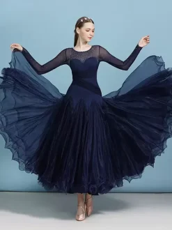 Ballroom Dance Costumes Dark Navy Women's Elegant Transparente Jewel Neck Polyester Dress Sequins Ruffles Layered Dance Dress