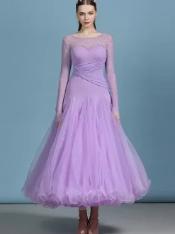 Ballroom Dance Costumes Dark Navy Women's Elegant Transparente Jewel Neck Polyester Dress Sequins Ruffles Layered Dance Dress