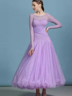 Ballroom Dance Costumes Dark Navy Women's Elegant Transparente Jewel Neck Polyester Dress Sequins Ruffles Layered Dance Dress