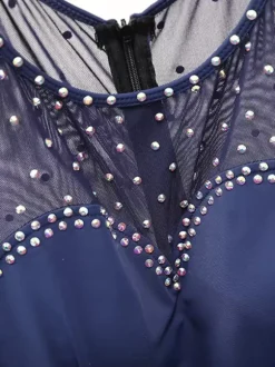Ballroom Dance Costumes Dark Navy Women's Elegant Transparente Jewel Neck Polyester Dress Sequins Ruffles Layered Dance Dress