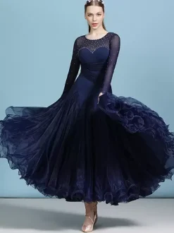 Ballroom Dance Costumes Dark Navy Women's Elegant Transparente Jewel Neck Polyester Dress Sequins Ruffles Layered Dance Dress