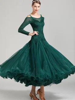Ballroom Dance Costumes Dark Green Women's Elegant Polyester Lace Bateau Neck Lace Ruffles Dress Dance Dress