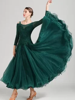 Ballroom Dance Costumes Dark Green Women's Elegant Polyester Lace Bateau Neck Lace Ruffles Dress Dance Dress