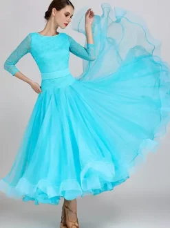 Ballroom Dance Costumes Light Sky Blue Women's Sexy Jewel Neck Polyester Dress Tiered Lace Layered Dance Dress