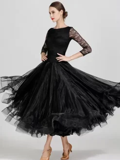 Ballroom Dance Costumes Light Sky Blue Women's Sexy Jewel Neck Polyester Dress Tiered Lace Layered Dance Dress