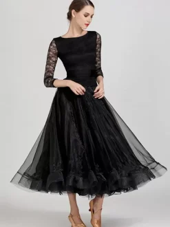Ballroom Dance Costumes Light Sky Blue Women's Sexy Jewel Neck Polyester Dress Tiered Lace Layered Dance Dress