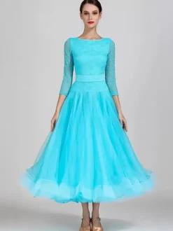 Ballroom Dance Costumes Light Sky Blue Women's Sexy Jewel Neck Polyester Dress Tiered Lace Layered Dance Dress