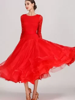 Ballroom Dance Costumes Light Sky Blue Women's Sexy Jewel Neck Polyester Dress Tiered Lace Layered Dance Dress