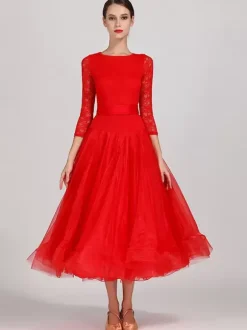 Ballroom Dance Costumes Light Sky Blue Women's Sexy Jewel Neck Polyester Dress Tiered Lace Layered Dance Dress