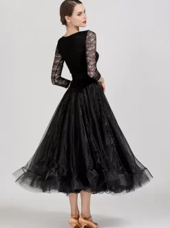 Ballroom Dance Costumes Light Sky Blue Women's Sexy Jewel Neck Polyester Dress Tiered Lace Layered Dance Dress