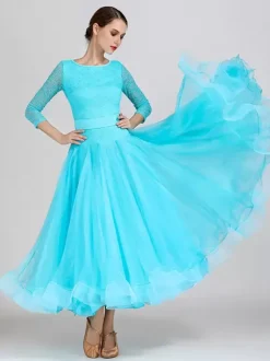Ballroom Dance Costumes Light Sky Blue Women's Sexy Jewel Neck Polyester Dress Tiered Lace Layered Dance Dress