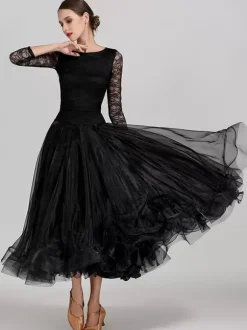 Ballroom Dance Costumes Light Sky Blue Women's Sexy Jewel Neck Polyester Dress Tiered Lace Layered Dance Dress