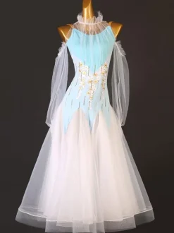 Ballroom Dance Costumes Light Sky Blue Women's Elegant Lycra Spandex High Collar Backless Ruffles Dress Dance Dress