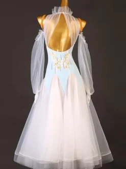 Ballroom Dance Costumes Light Sky Blue Women's Elegant Lycra Spandex High Collar Backless Ruffles Dress Dance Dress