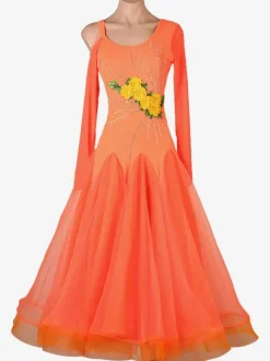 Ballroom Dance Costumes Orange Women's Lycra Spandex Dress Flowers Dance Wear