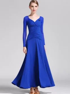 Ballroom Dance Costumes Royal Blue Women's Elegant V-Neck Polyester Dress Pleated Pleated Dance Wear