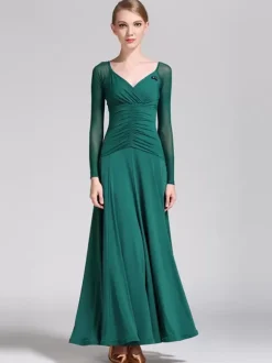 Ballroom Dance Costumes Royal Blue Women's Elegant V-Neck Polyester Dress Pleated Pleated Dance Wear