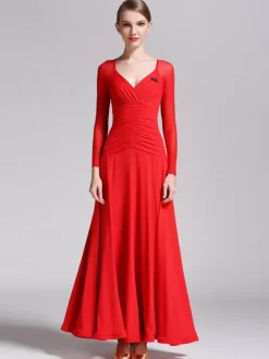 Ballroom Dance Costumes Royal Blue Women's Elegant V-Neck Polyester Dress Pleated Pleated Dance Wear