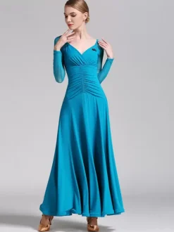 Ballroom Dance Costumes Royal Blue Women's Elegant V-Neck Polyester Dress Pleated Pleated Dance Wear