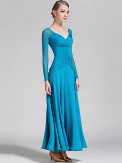 Ballroom Dance Costumes Royal Blue Women's Elegant V-Neck Polyester Dress Pleated Pleated Dance Wear