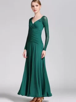 Ballroom Dance Costumes Royal Blue Women's Elegant V-Neck Polyester Dress Pleated Pleated Dance Wear